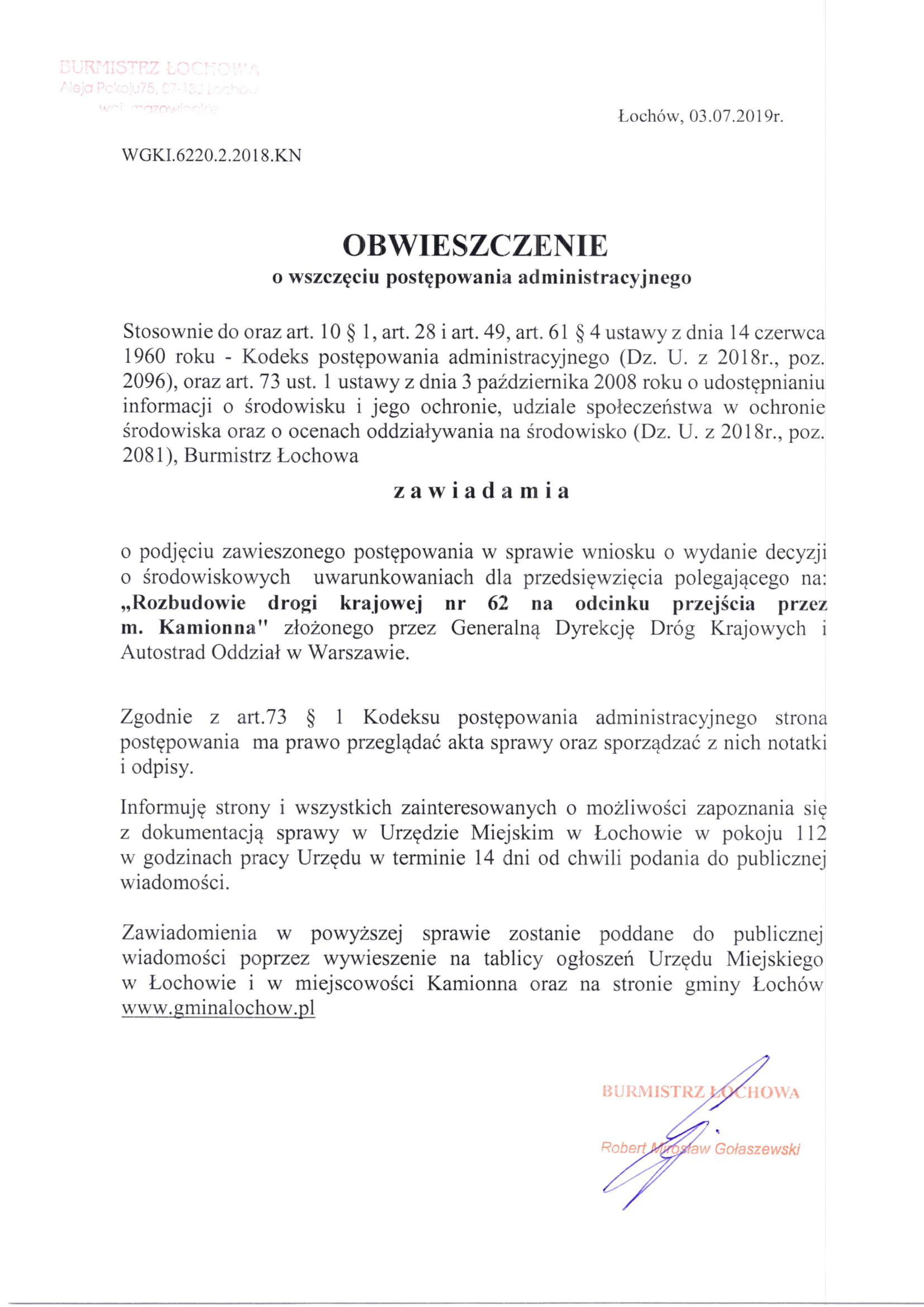 Obwieszczenie Burmistrza Łochowa z dnia 03.07.2019r. o wszczęciu postępowania administracyjnego-1