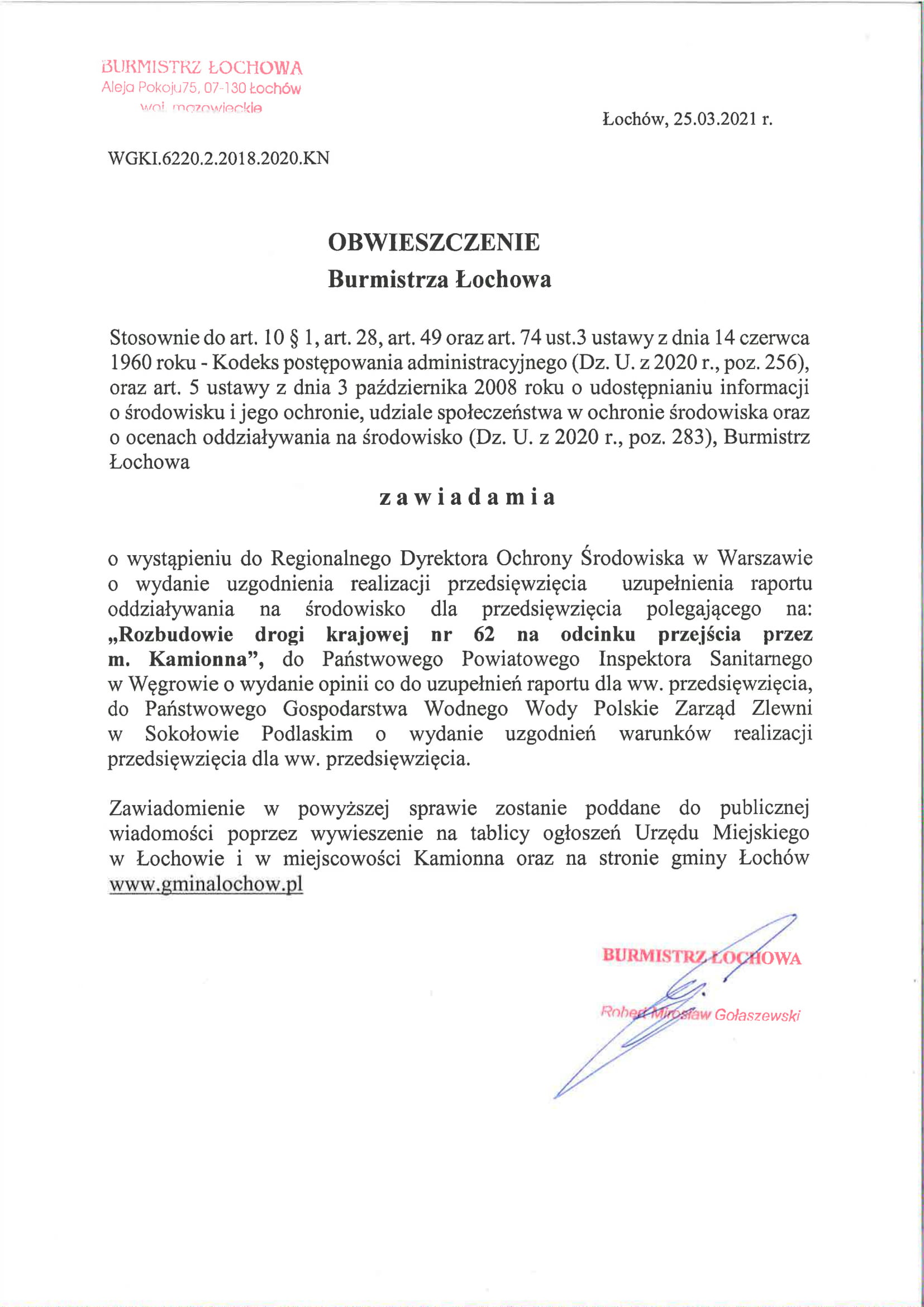 Obwieszczenie Burmistrza Łochowa z dnia 25.03.2021 roku