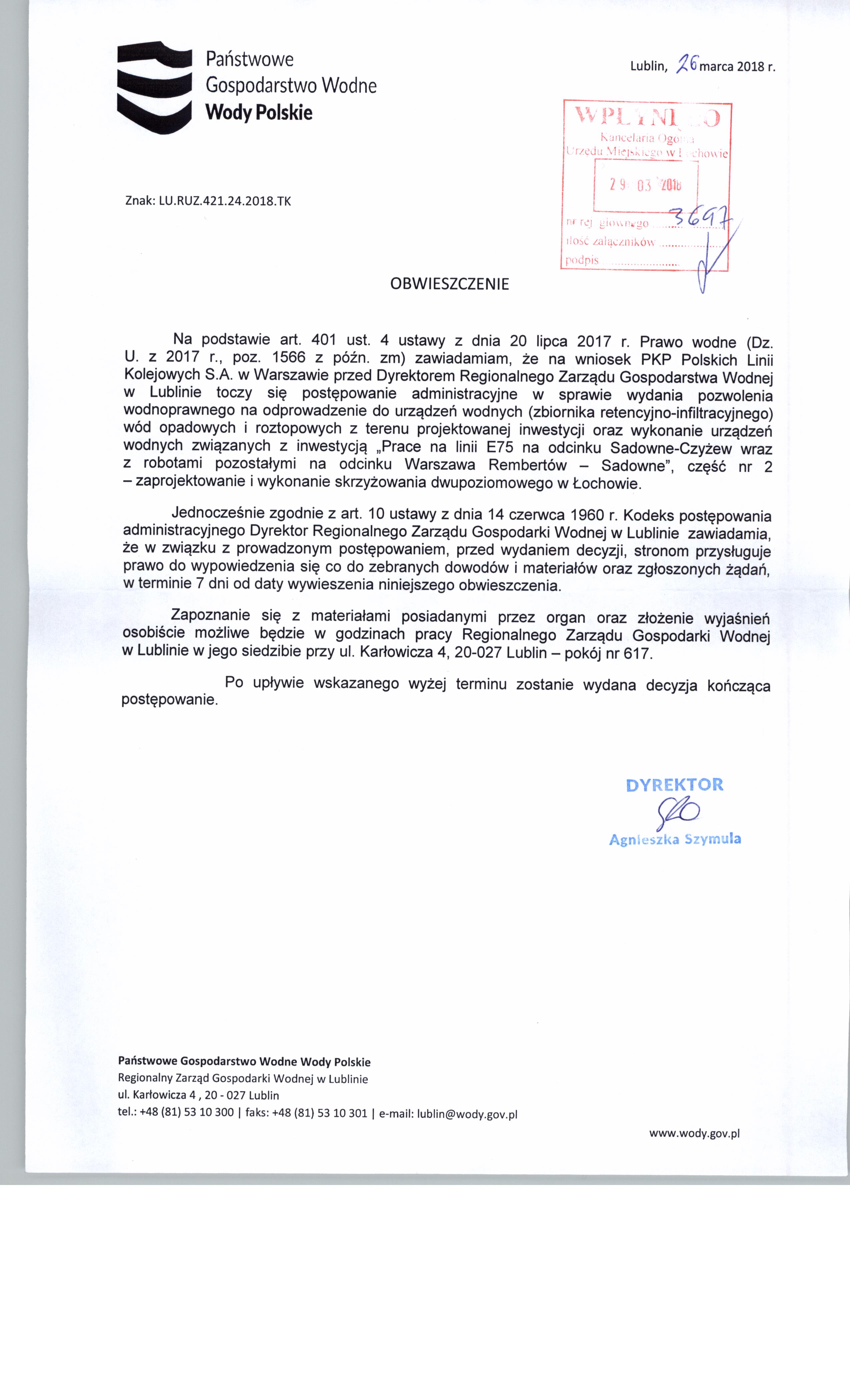 Obwieszczenie Dyrektora Regionalnego Zarządu Gospodarstwa Wodnego o postępowaniu administracyjnym dot. wydania pozwolenia wodnoprawnego